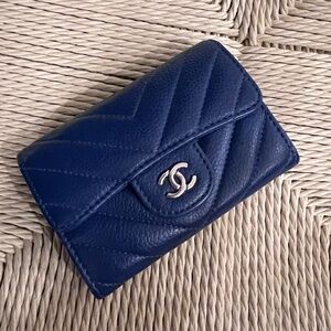 CHANEL Classic Navy Caviar Compact Quilted Flap Chevron Wallet Authentic Cobalt